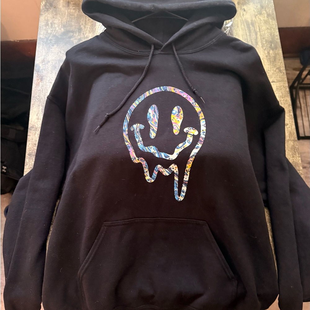 Black Hoodie with Colorful Smiley Trippy Hippie Design